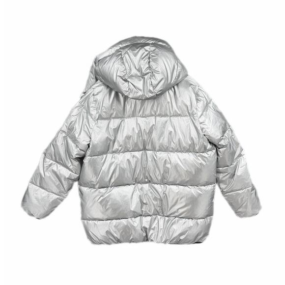 Express NWT Metallic Silver Reversible Black Hooded Full Zip Shiny Puffer Coat - Picture 10 of 13